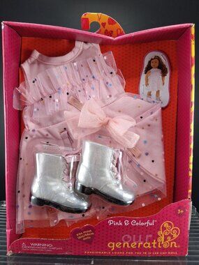 Our Generation Doll Outfit Pink & Colorful Dress Set & Silver Boots